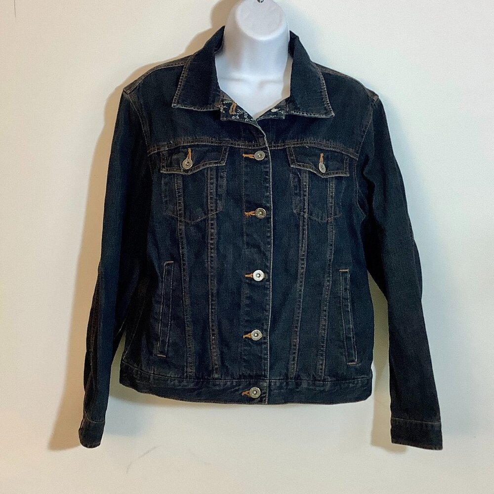 Denim Jacket Eddie Bauer Medium Floral Trim 100% Cotton